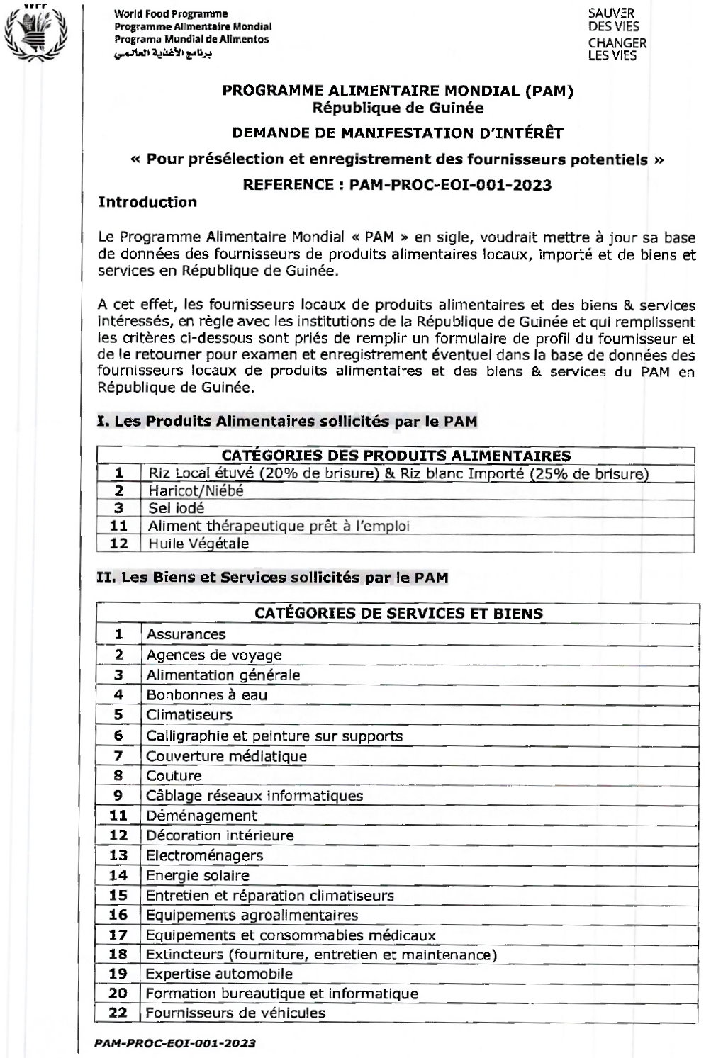  Avis à manifestation d'intérêt pour présélection et enregistrement des fournisseurs potentiels » REFERENCE : PAM-PROC-E0I-001-2023  | Page 1