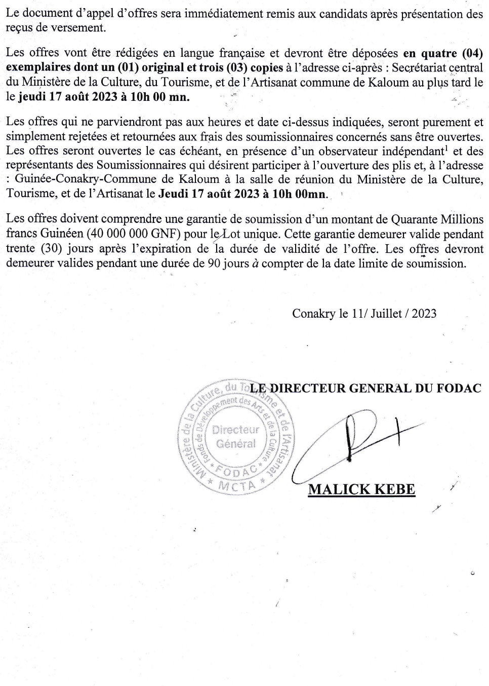 Avis d'appel d'offres pour le marché de Fourniture de trois (03) Véhicules (4x4) tout terrain ; un (1) véhicule pick-up double cabine tout terrain et un (1) bus de 14 places pour le compte du Fonds Développement des Arts et de la Culture | Page 2