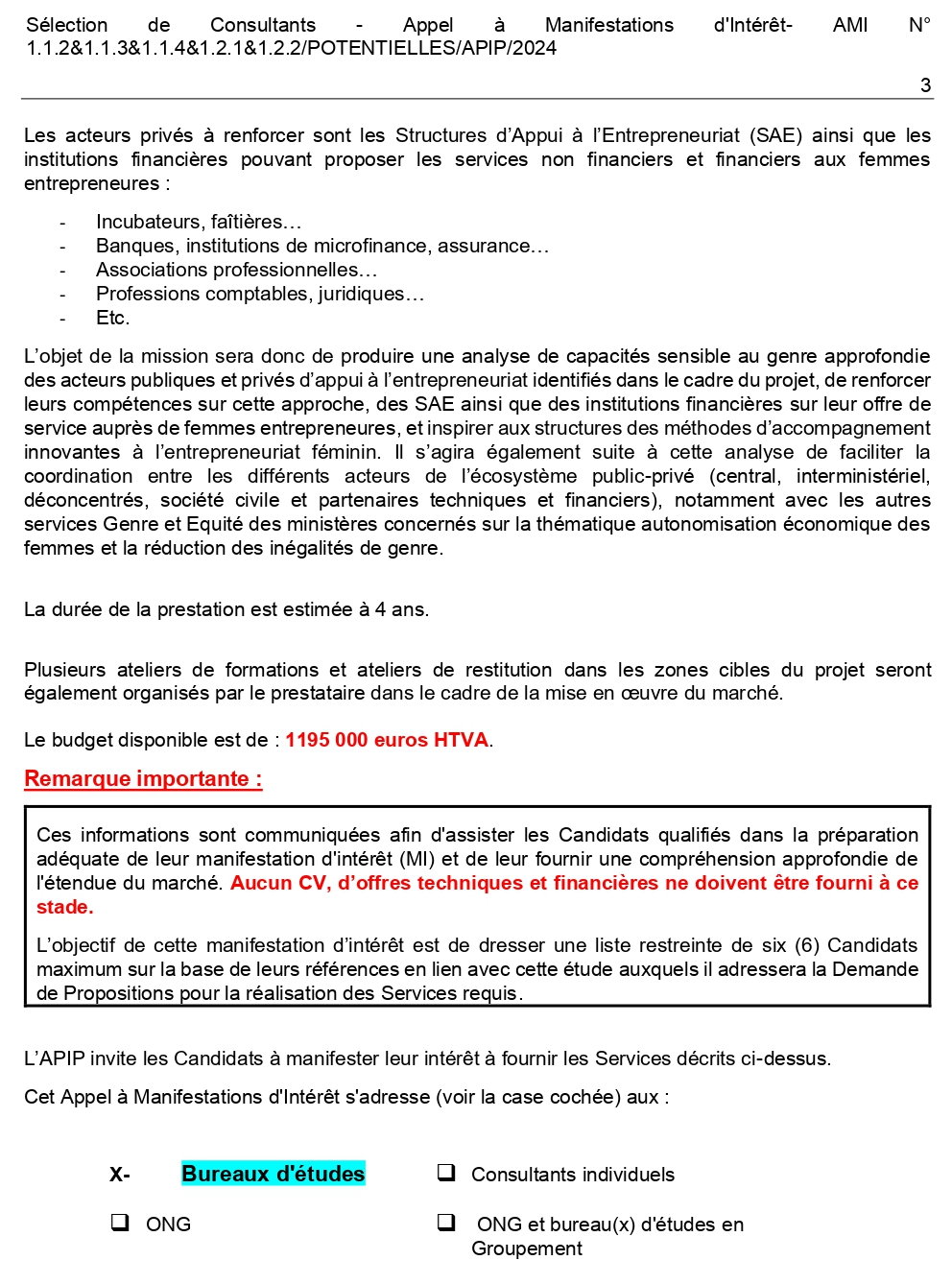 Recrutement d’un cabinet pour le renforcement des capacités des acteurs publics-privés dans leur approche genre et en matière d’entrepreneuriat féminin ainsi que la coordination des dits-acteurs | Page 3