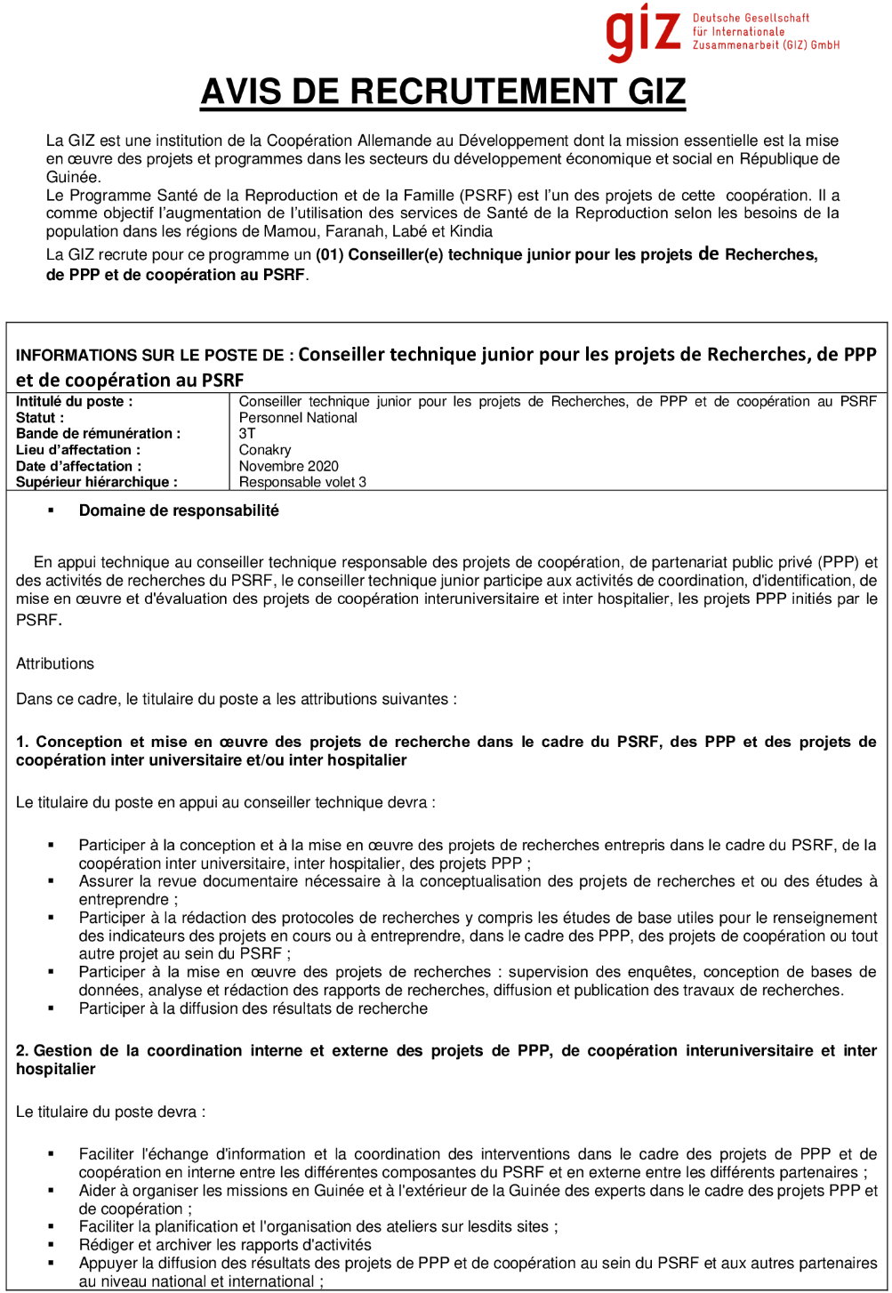 Recrutement d'Un Conseiller technique par giz en guinée - offre d'emploi Giz - page 1