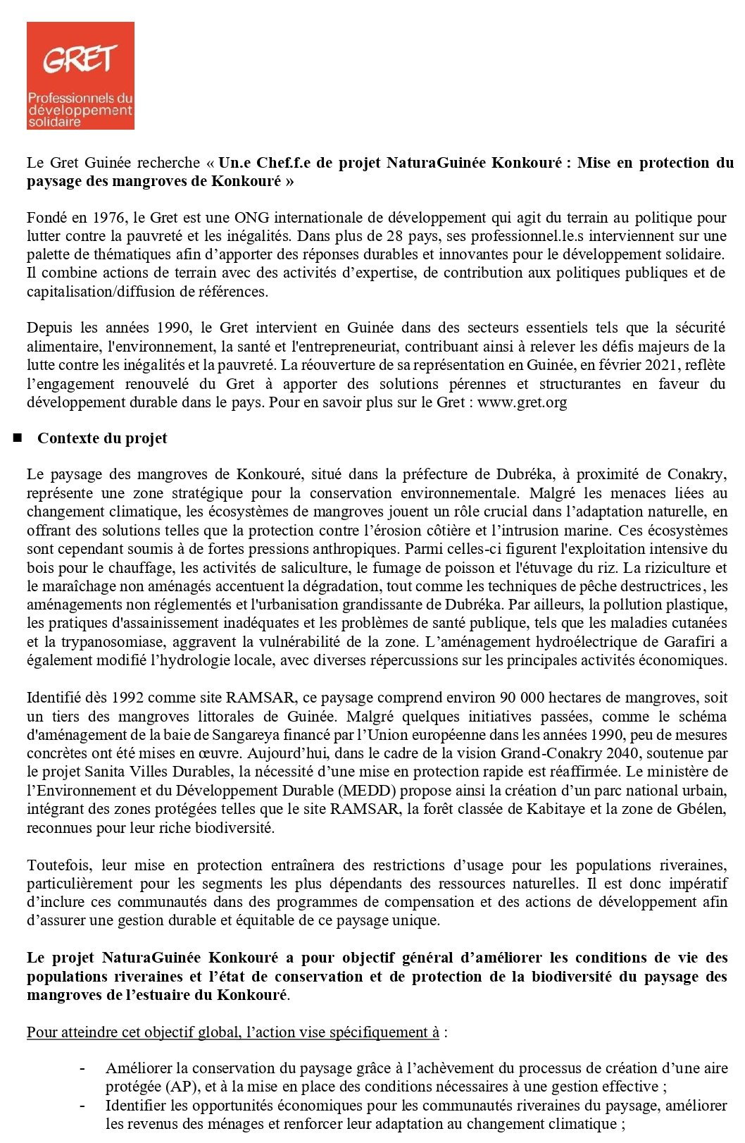 Avis de recrutement d'un.e Chef.f.e de projet NaturaGuinée Konkouré : Mise en protection du paysage des mangroves de Konkouré | Page 1