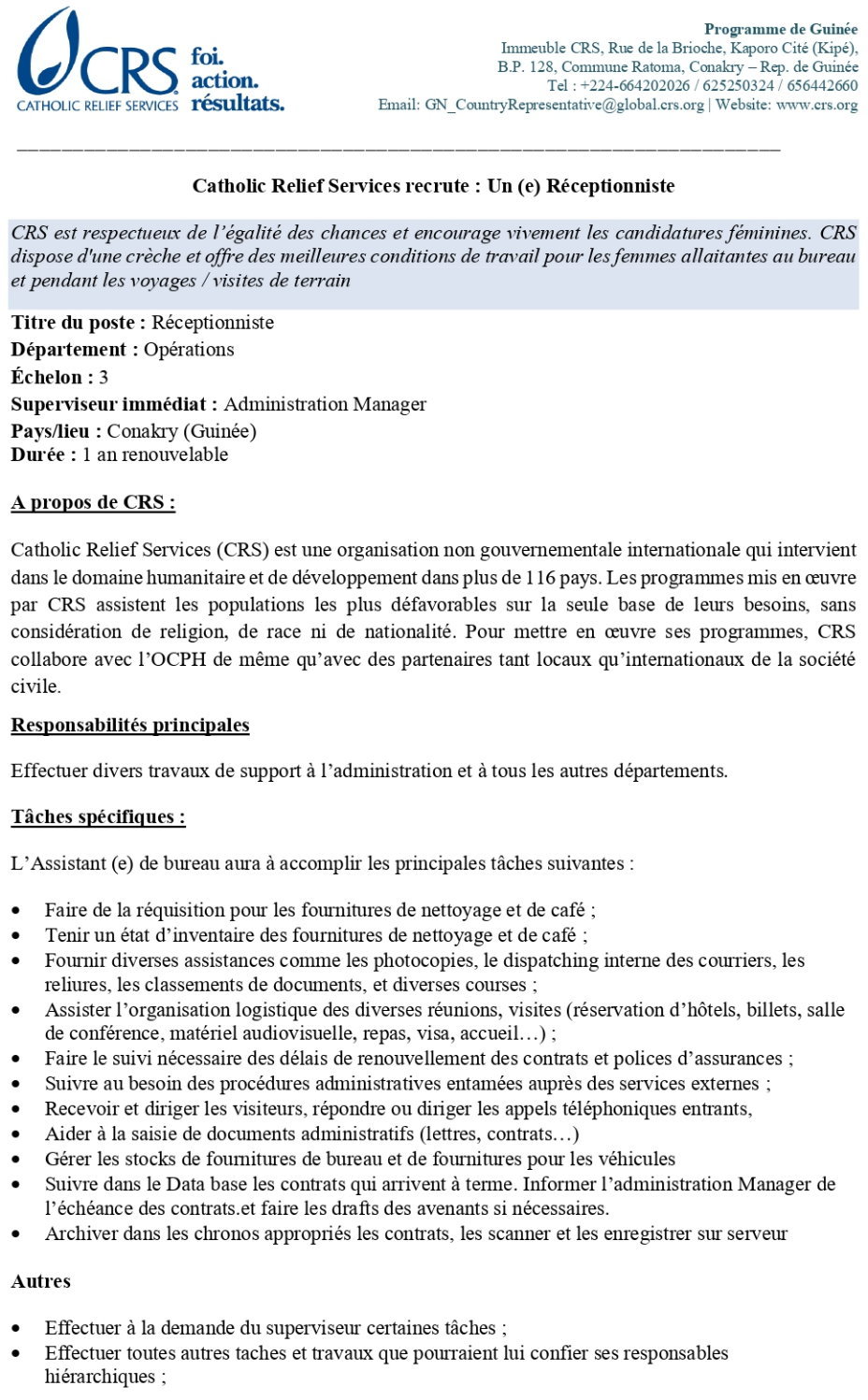 Avis de recrutement d'un (e) Réceptionniste | Page 1