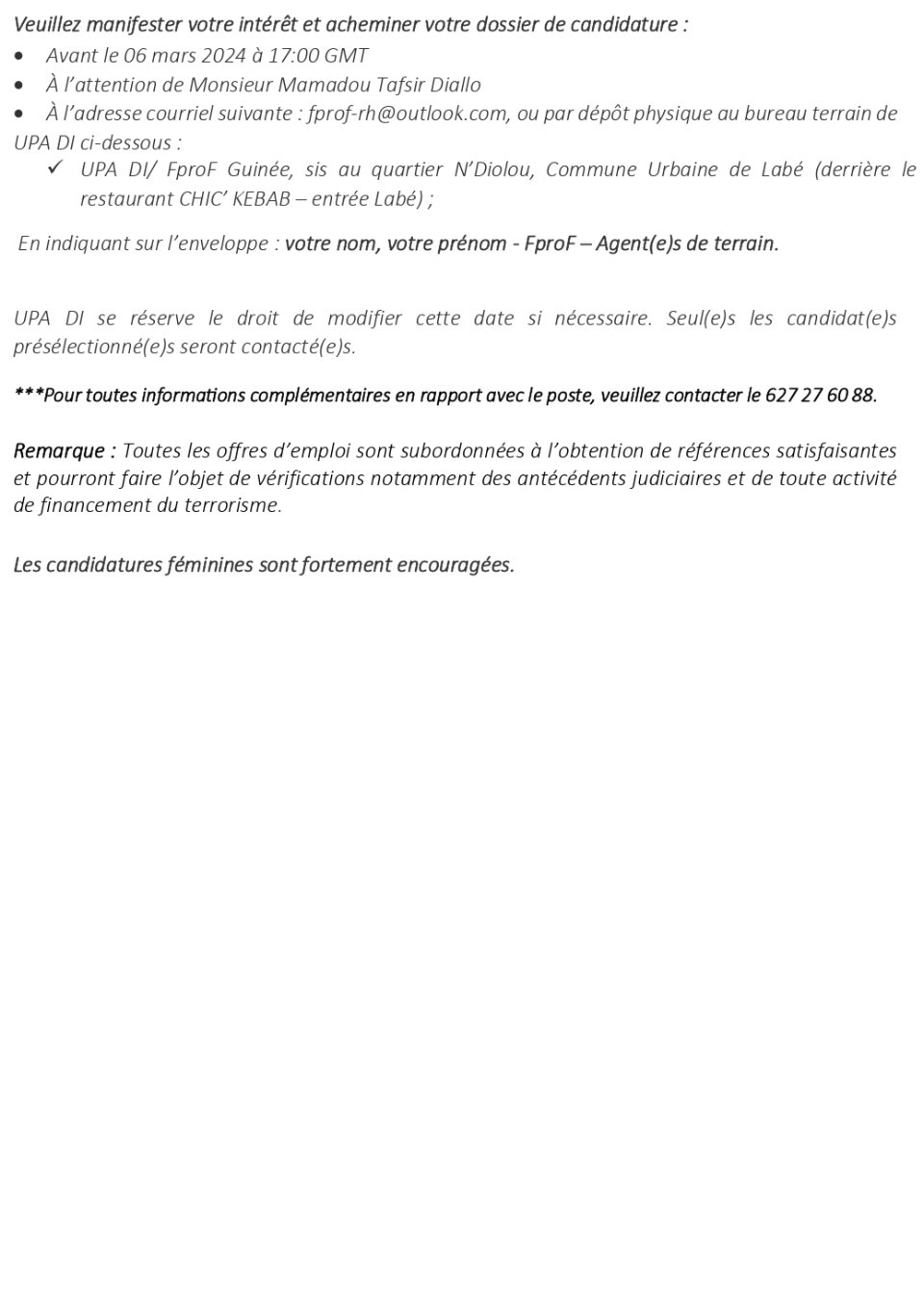 AVIS DE RECRUTEMENT DES AGENT(E)S COMMUNAUTAIRES DE SENSIBILISATION ET DE FORMATION AU COMPTE DE FEMMES PRO-FORÊTS : PROJET D’ADAPTATION AUX CHANGEMENTS CLIMATIQUES DANS LE PARC NATIONAL DU MOYEN-BAFING EN GUINEE (PNMB) | Page 4