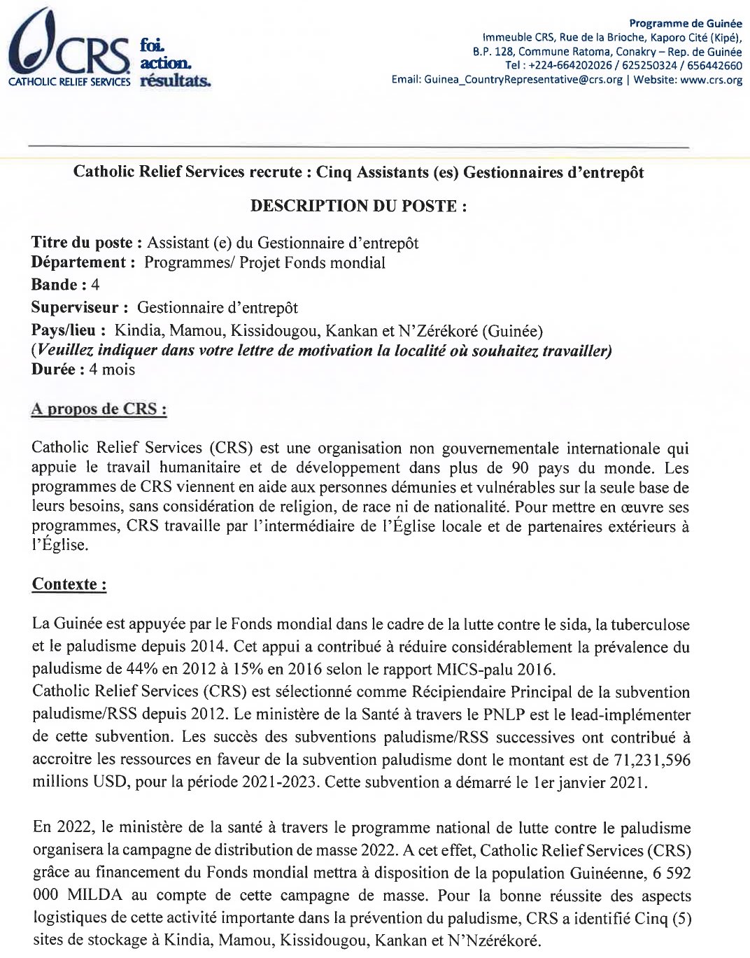 recrutement de cinq (5) assistants gestionnaires d’entrepôt Kindia, Mamou, Kissidougou, Kankan et Nzérékoré page 1