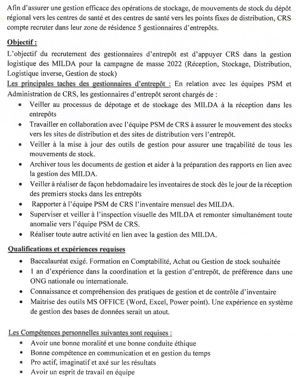 recrutement de cinq (5) assistants gestionnaires d’entrepôt Kindia, Mamou, Kissidougou, Kankan et Nzérékoré page 2