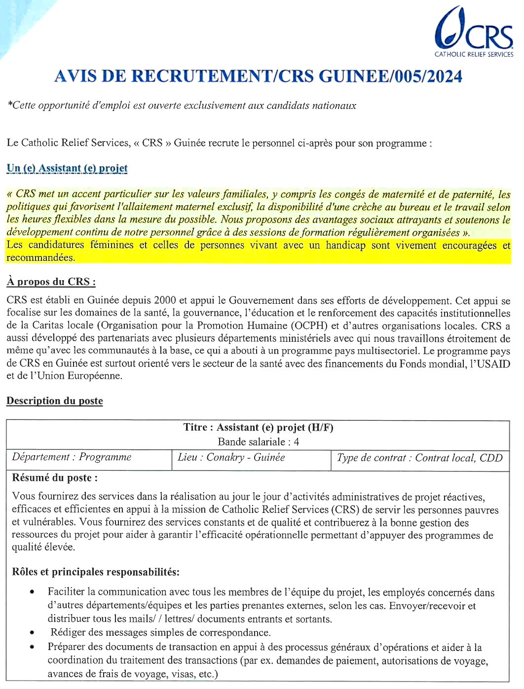 AVIS DE RECRUTEMENT D'UN ASSISTANT(E) PROJET | Page 1
