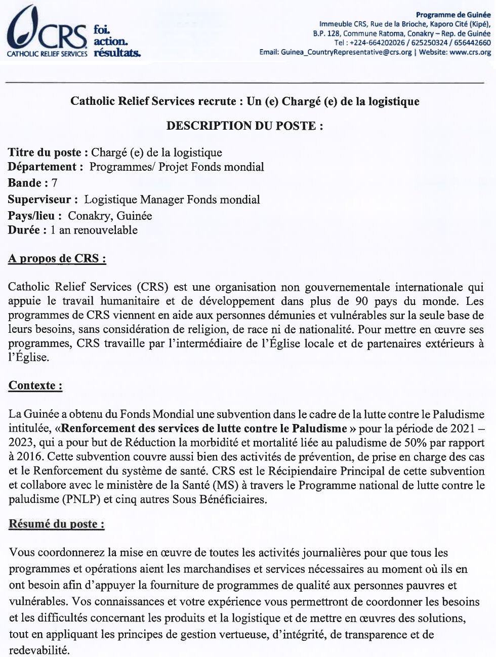 Avis de recrutement d’un( e) chargé(e) de la Logistique P1