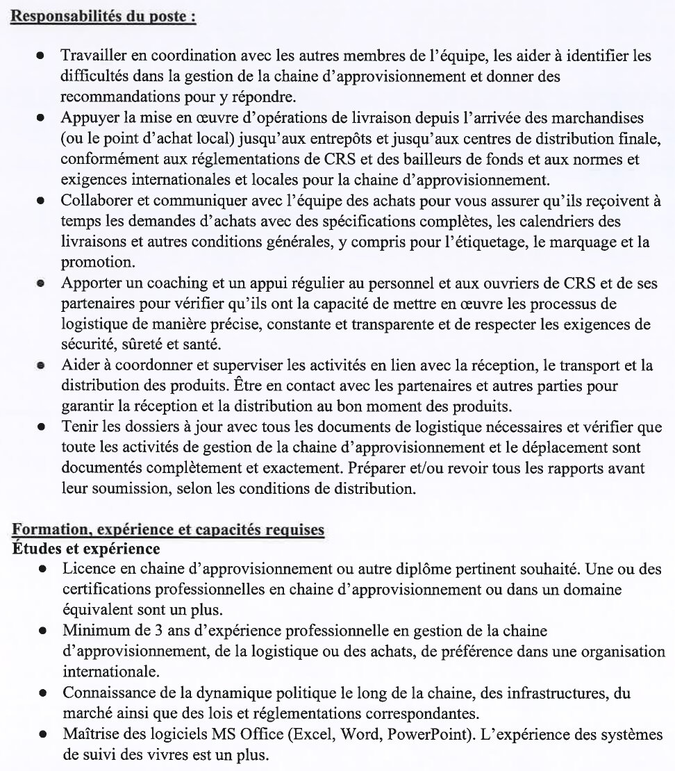 Avis de recrutement d’un( e) chargé(e) de la Logistique P2