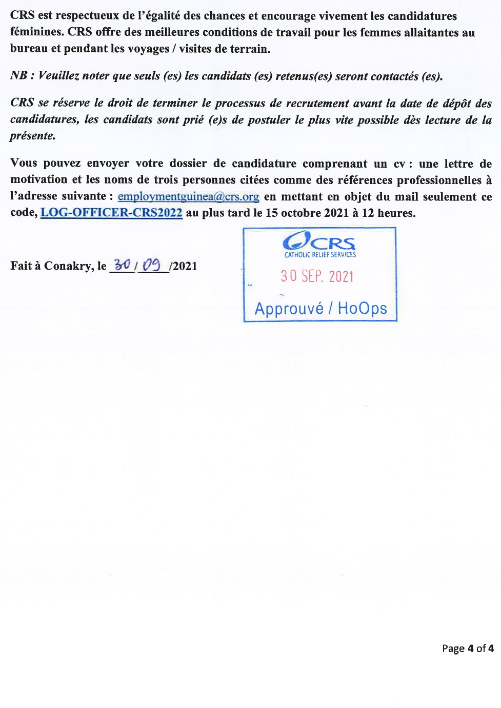 Avis de recrutement d’un( e) chargé(e) de la Logistique P4