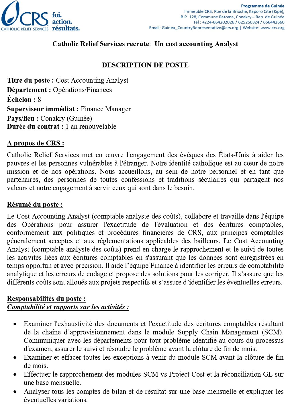 Avis de recrutement d'un Cost Accounting Analyst | page 1