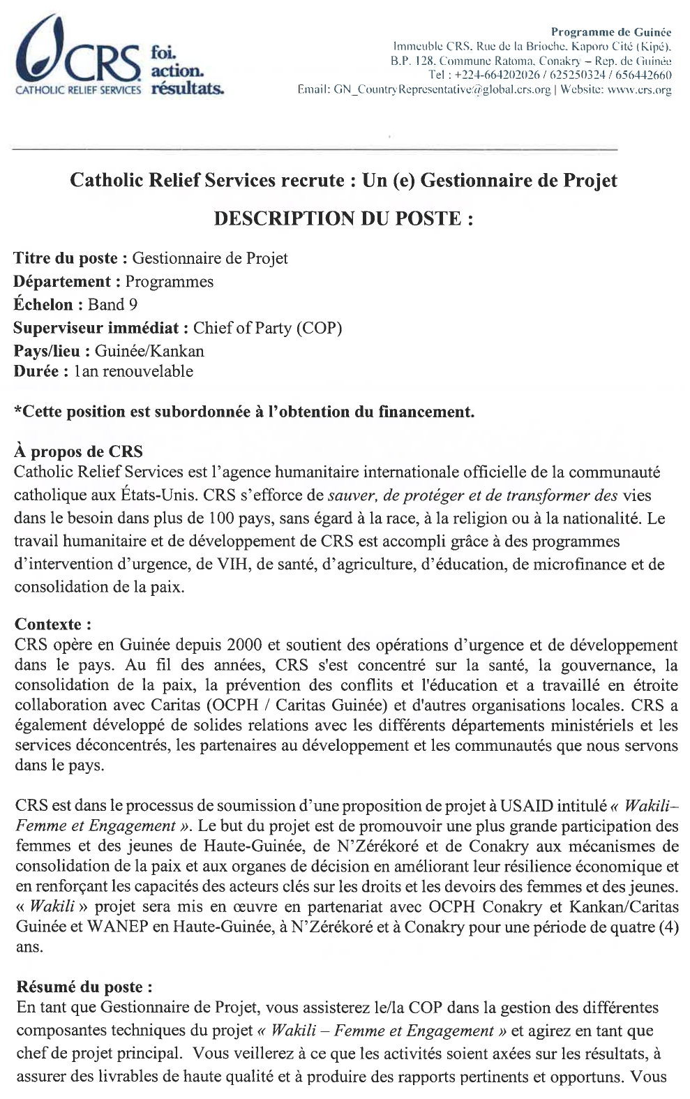 Recrutement d'un(e) Gestionnaire de Projet | page 1