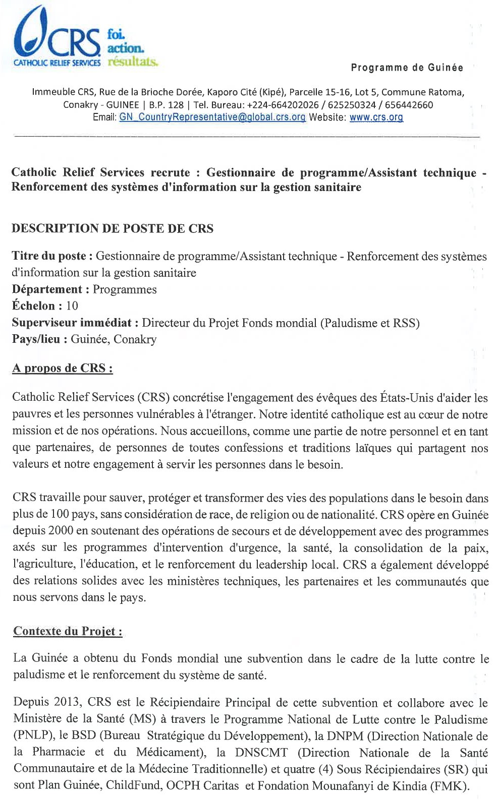 Publication d’un avis pour le recrutement d’un Gestionnaire de programme/Assistant technique – Renforcement des systèmes d’information sur la gestion sanitaire | page 1