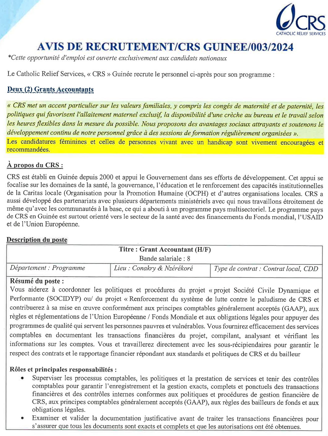 Avis de recrutement d'un Grant Accountant | Page 1