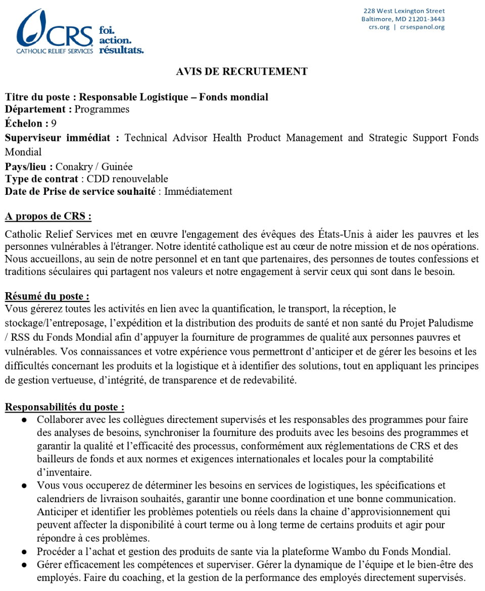 Recrutement de Responsable Logistique-Fonds mondial | Page 1