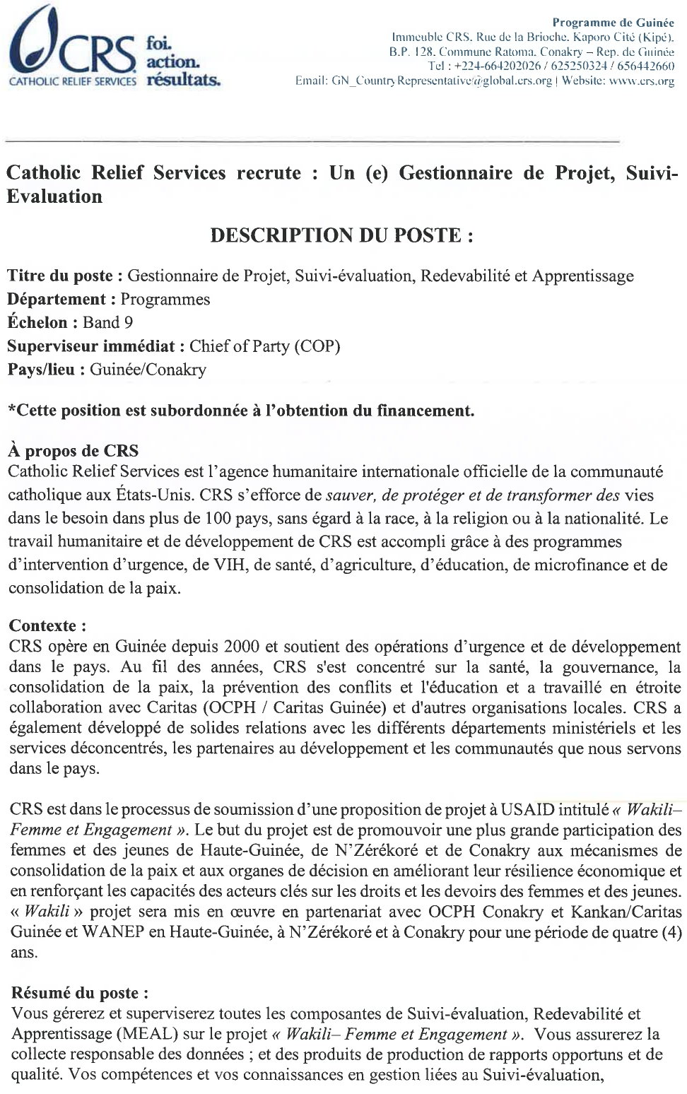 Gestionnaire de Projet Suivi-évaluation, Redevabilité et Apprentissage | page 1