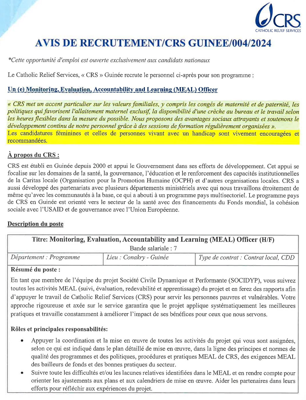 AVIS DE RECRUTEMENT D'UN(E) MEAL OFFICER | Page 1