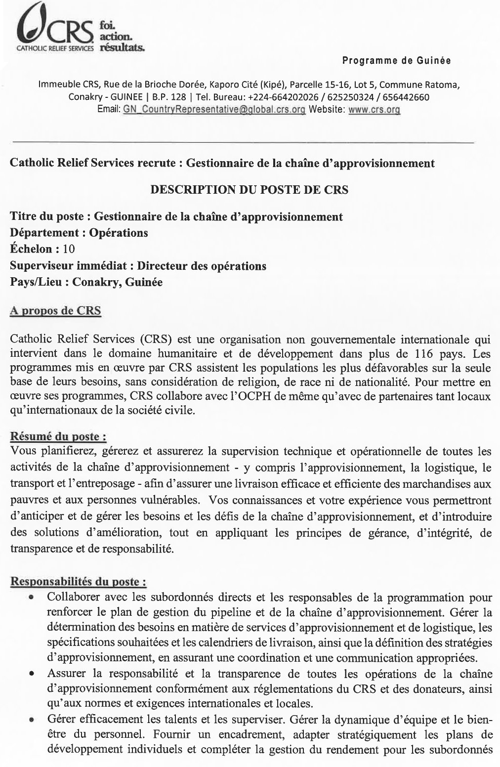 JD Recrutement d’un(e) Gestionnaire de la chaine d’approvisionnement | Page 1