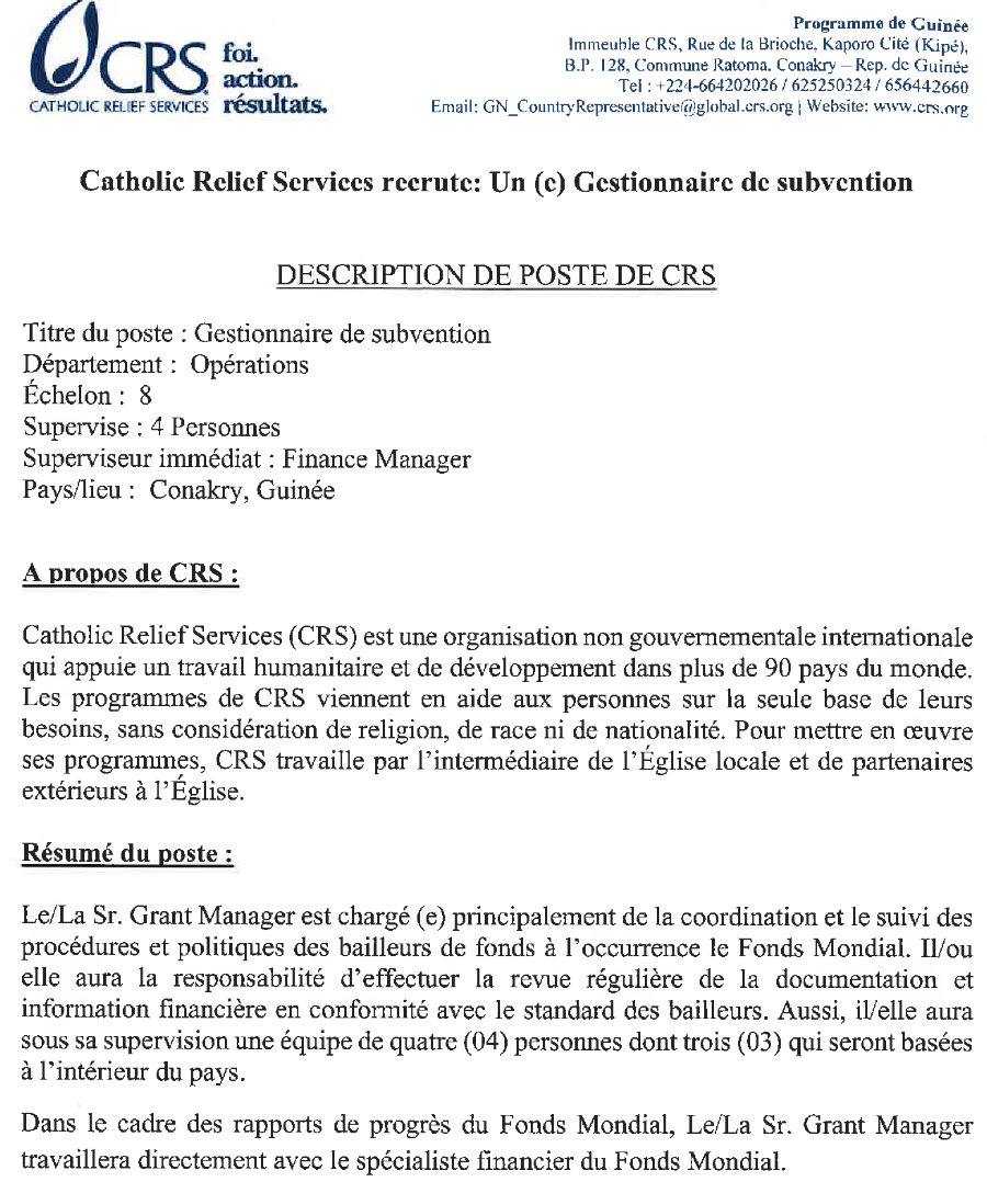 catholic relief services offres d'emploi en guinée conakry