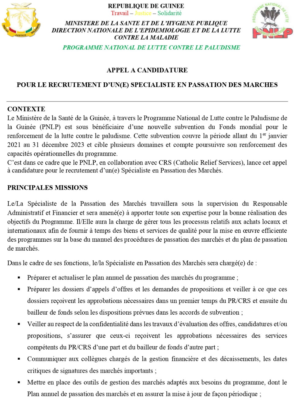 AVIS DE RECRUTEMENT D'UN(E) SPECIALISTE EN PASSATION DES MARCHES DU PNLP | Page 1