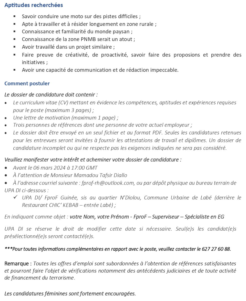 Avis De Recrutement D’un(E) Superviseur (euse) De Zone Et Spécialiste En Renforcement Du Pouvoir Economique Et Egalite Des Genres Pour Femmes Pro-Forêts : Projet D’adaptation Aux Changements Climatiques Dans Le Parc National Du Moyen-Bafing En Guinée (PNMB) | Page 4