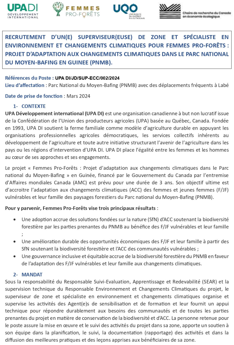 Avis De Recrutement D’un(e) Superviseur (euse) De Zone Et Spécialiste En Environnement Et Changements Climatiques Pour Femmes Pro-Forêts : Projet D’adaptation Aux Changements Climatiques Dans Le Parc National Du Moyen-Bafing En Guinée (PNMB) | Page 1
