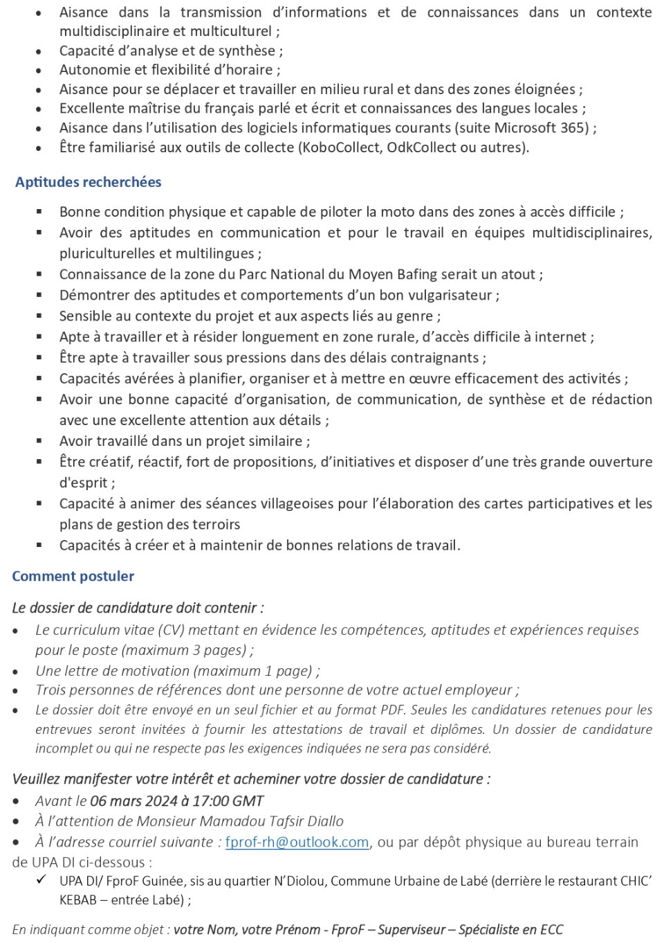 Avis De Recrutement D’un(e) Superviseur (euse) De Zone Et Spécialiste En Environnement Et Changements Climatiques Pour Femmes Pro-Forêts : Projet D’adaptation Aux Changements Climatiques Dans Le Parc National Du Moyen-Bafing En Guinée (PNMB) | Page 4