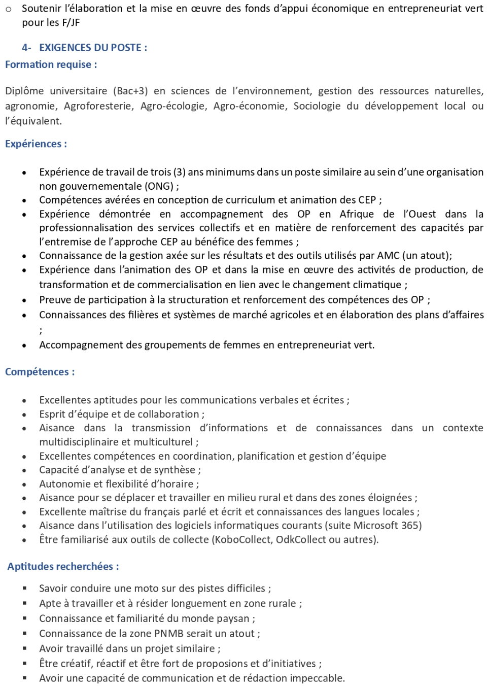 Recrutement D’un(e) Superviseur (euse) De Zone Et Spécialiste En Champ Ecole Paysan (CEP), Développement Des Filières Et Renforcement Des Capacités Des Organisations Paysannes Pour Femmes Pro-Forêts : Projet D’adaptation Aux Changements Climatiques Dans Le Parc National Du Moyen-Bafing En Guinée (PNMB) | Page 3