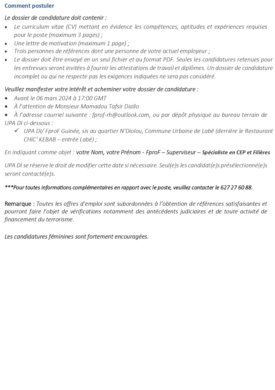 Recrutement D’un(e) Superviseur (euse) De Zone Et Spécialiste En Champ Ecole Paysan (CEP), Développement Des Filières Et Renforcement Des Capacités Des Organisations Paysannes Pour Femmes Pro-Forêts : Projet D’adaptation Aux Changements Climatiques Dans Le Parc National Du Moyen-Bafing En Guinée (PNMB) | Page 4