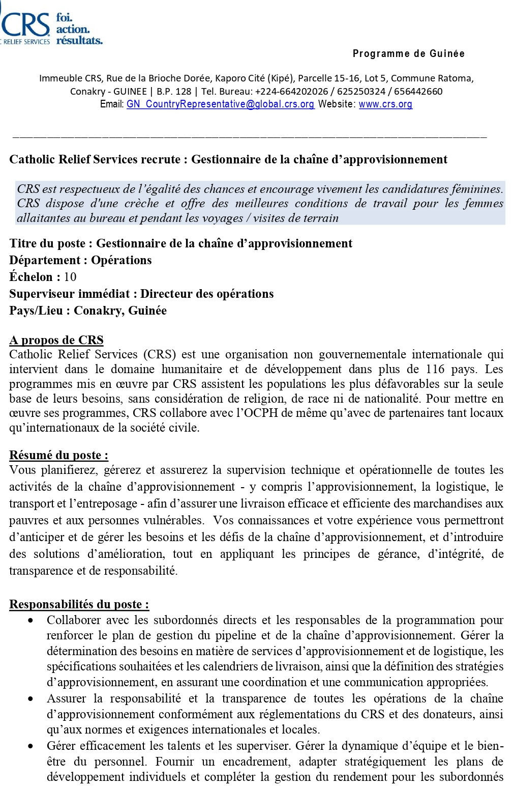Recrutement d'un(e) Gestionnaire de la chaîne d’approvisionnement | Page 1