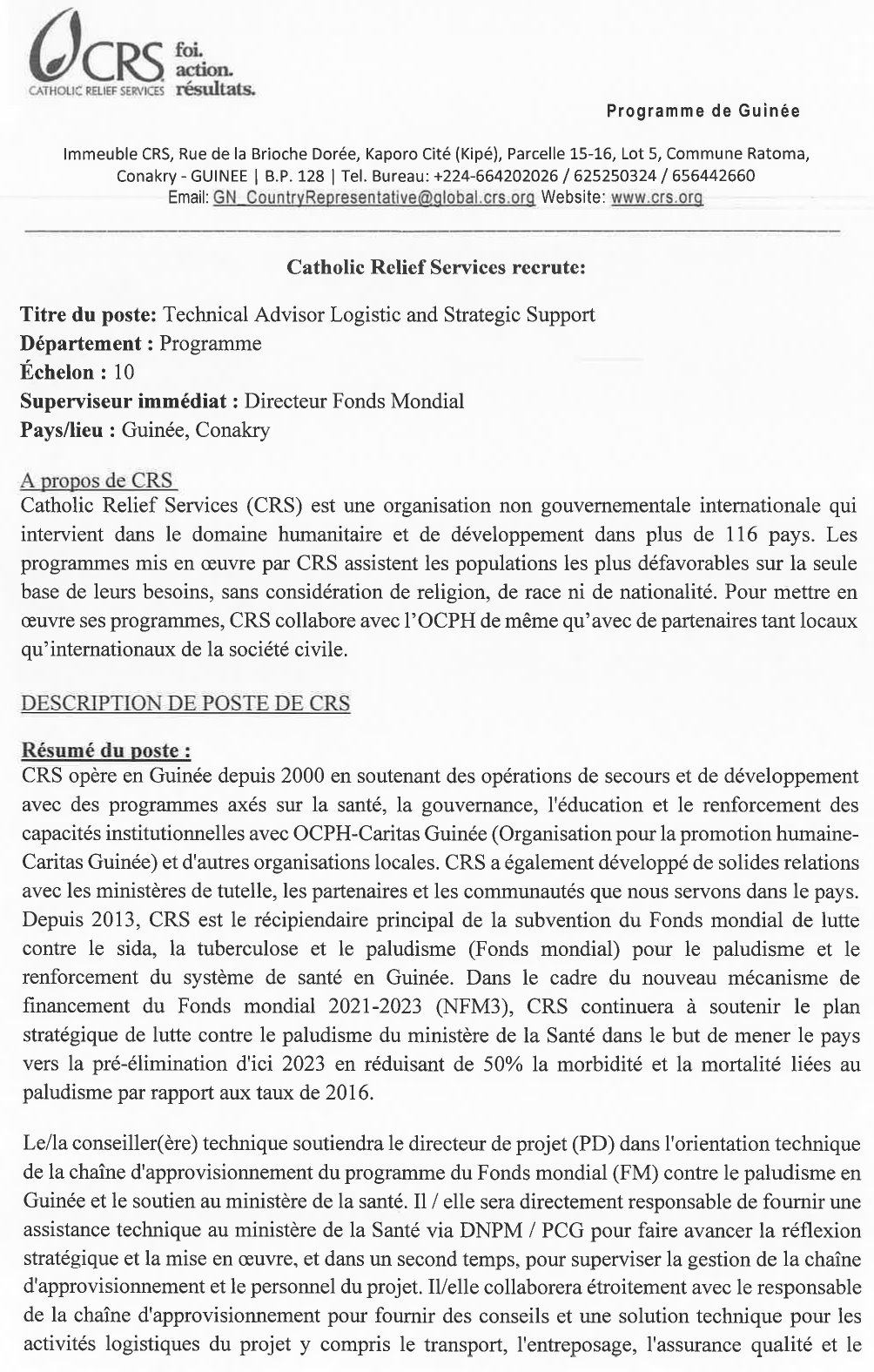 JD Recrutement d’un(e) Technical Advisor Logistic and Strategic Support | page 1