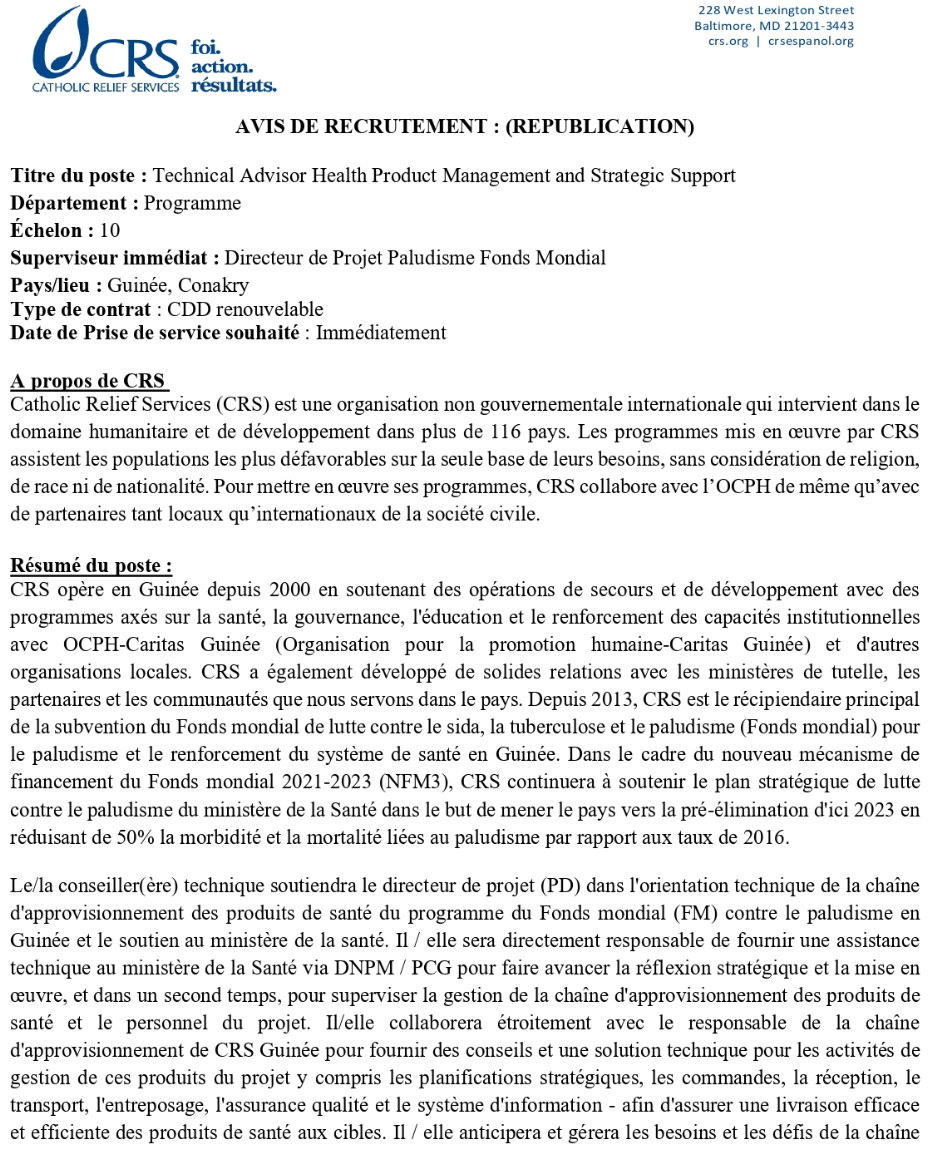 Recrutement d’un(e) Technical Advisor Health Management and Strategic Support | Page 1