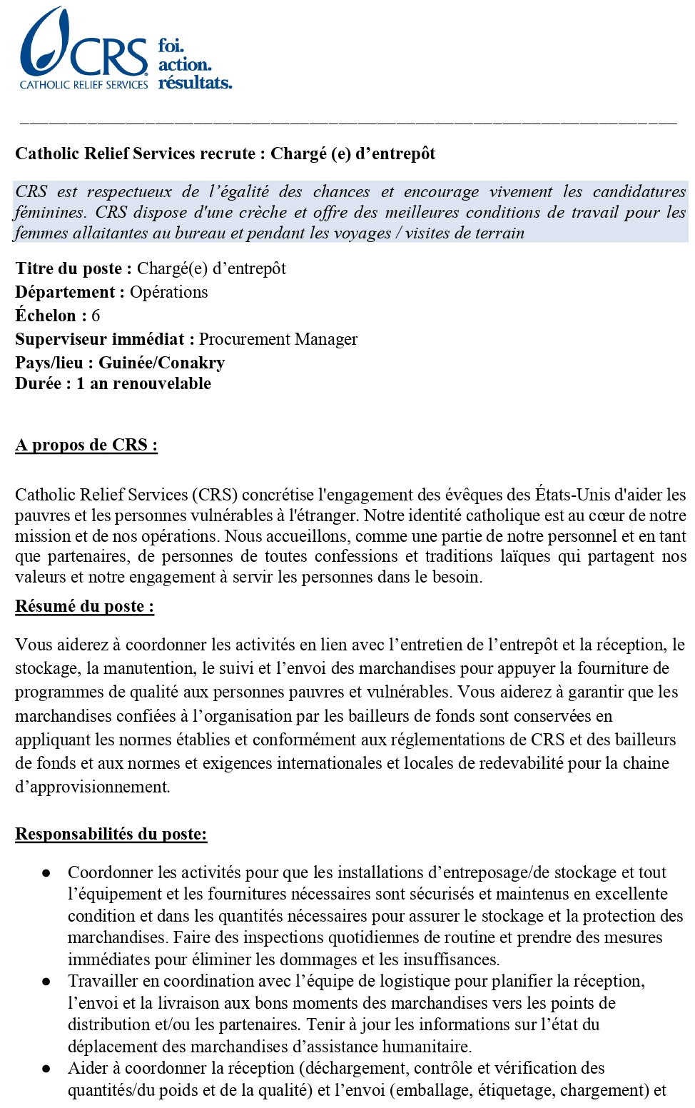 Avis De Recrutement D'un(e) Chargé(e) D'entrepôt/Warehouse Officer De CRS | page 1