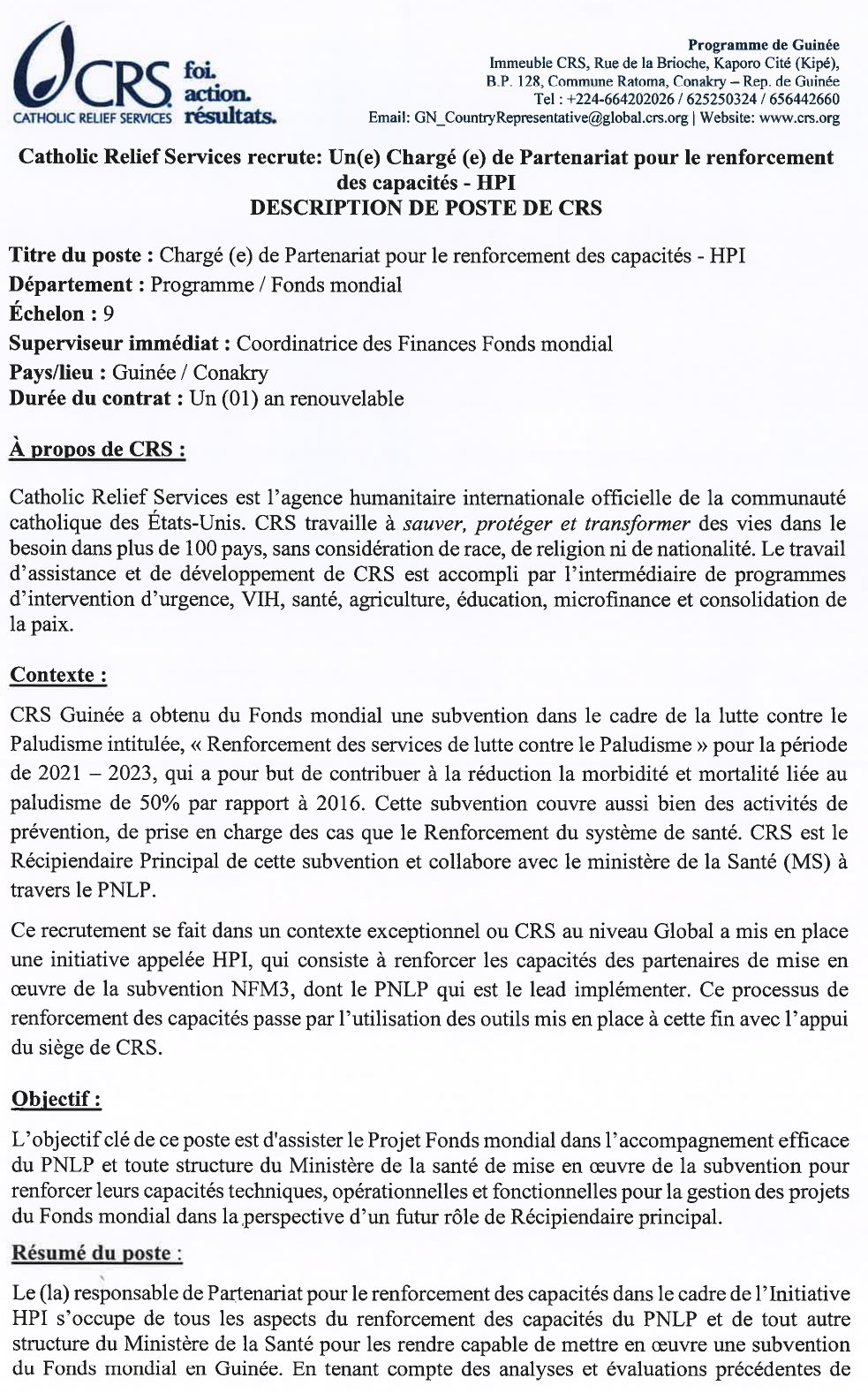 Avis de recrutement d’un(e) chargé(e) de Partenariat pour le renforcement des capacités-HPI P1