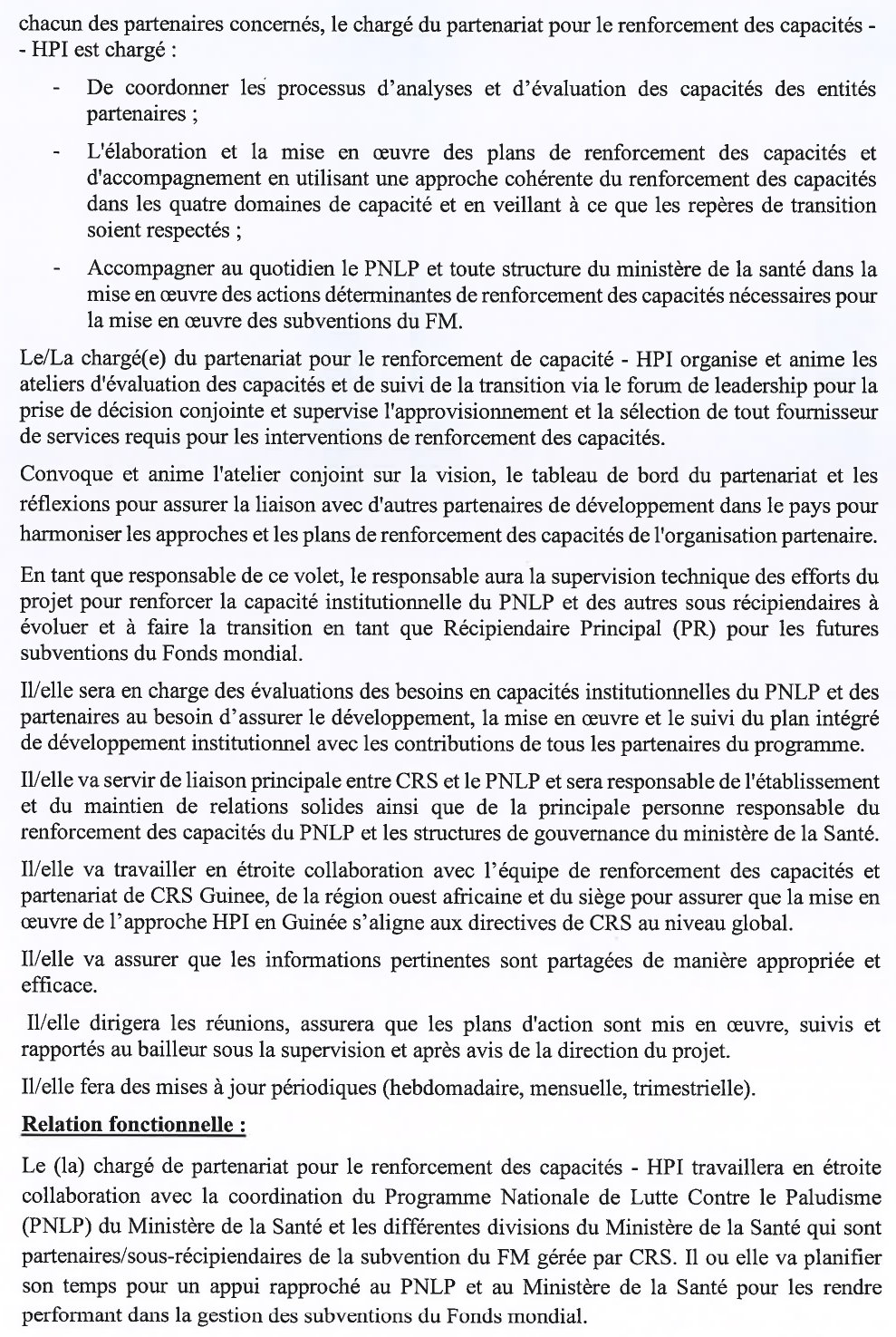 Avis de recrutement d’un(e) chargé(e) de Partenariat pour le renforcement des capacités-HPI P1