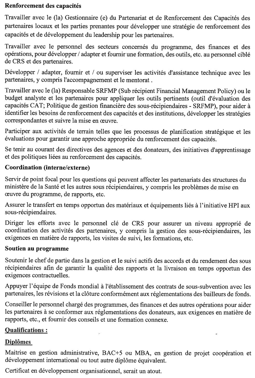 Avis de recrutement d’un(e) chargé(e) de Partenariat pour le renforcement des capacités-HPI P1