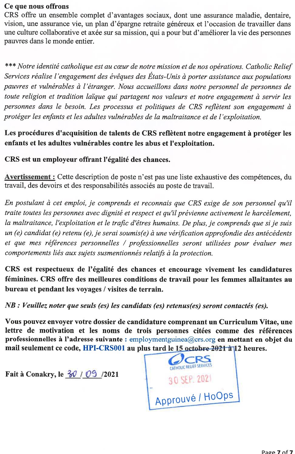 Avis de recrutement d’un(e) chargé(e) de Partenariat pour le renforcement des capacités-HPI P1