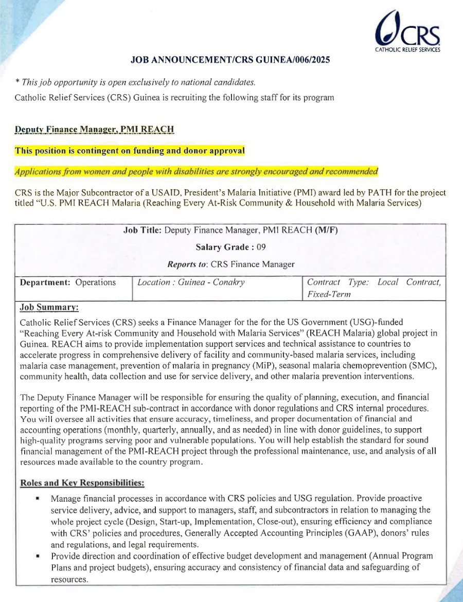 Avis de recrutement d'un deputy finance manager, pmi REACH | Page 1