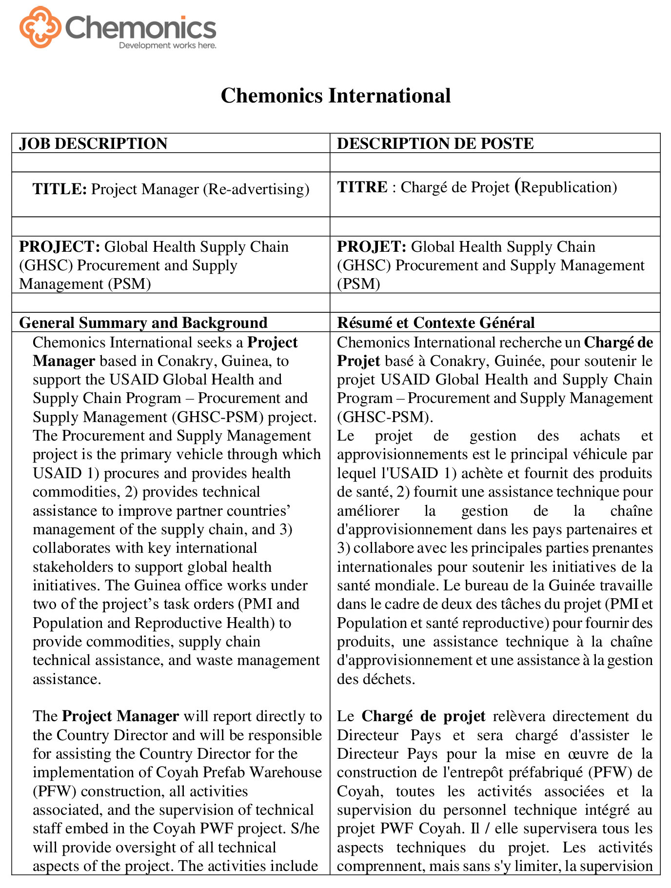 Chemonics recrute un chargé de projet
