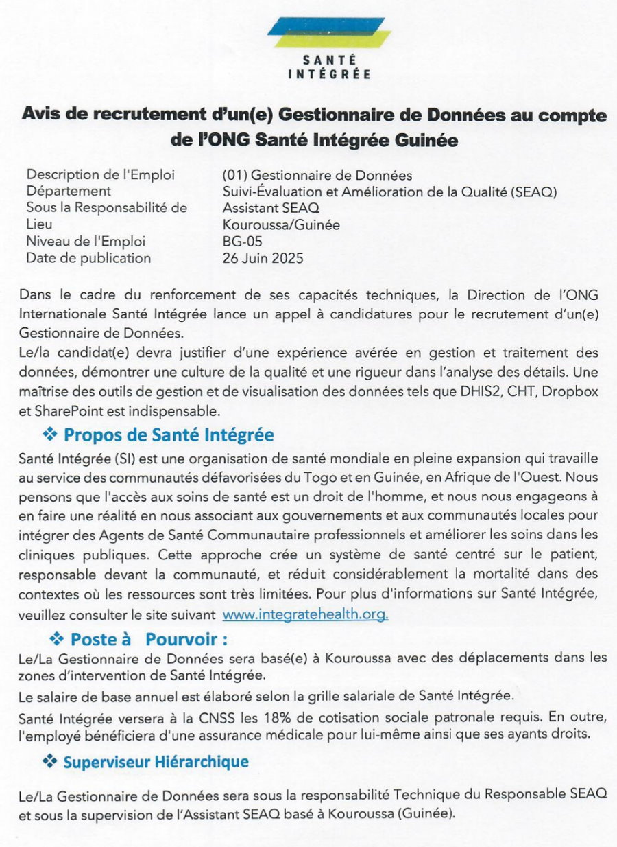 Avis de recrutement d'un(e) Gestionnaire de Données au compte de l'ONG Santé Intégrée Guinée | Page 1