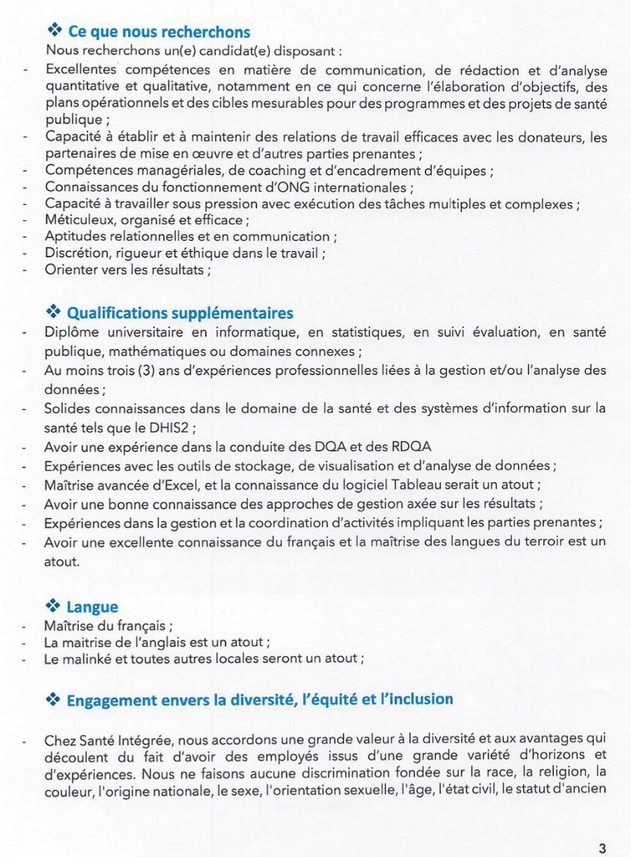 Avis de recrutement d'un(e) Gestionnaire de Données au compte de l'ONG Santé Intégrée Guinée | Page 3