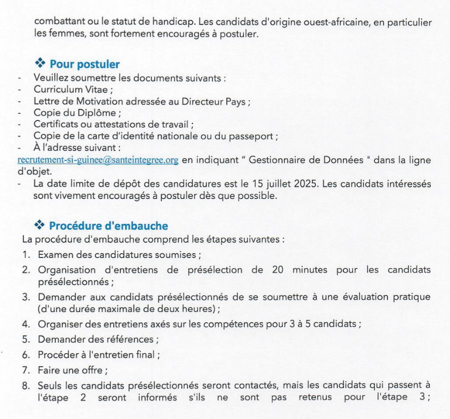 Avis de recrutement d'un(e) Gestionnaire de Données au compte de l'ONG Santé Intégrée Guinée | Page 4