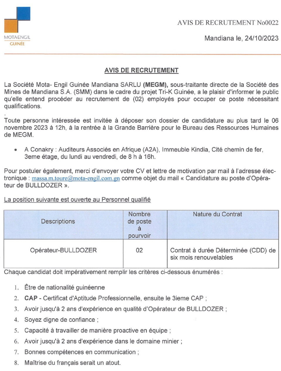 Avis de Recrutement De Deux Opérateur BULLDOZER | Page 1