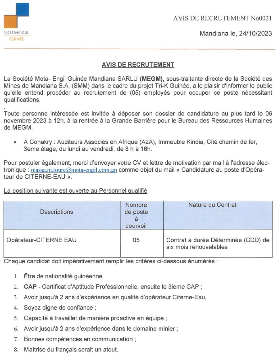 Avis de recrutement de Cinq (05) Opérateur-CITERNE EAU | Page 1