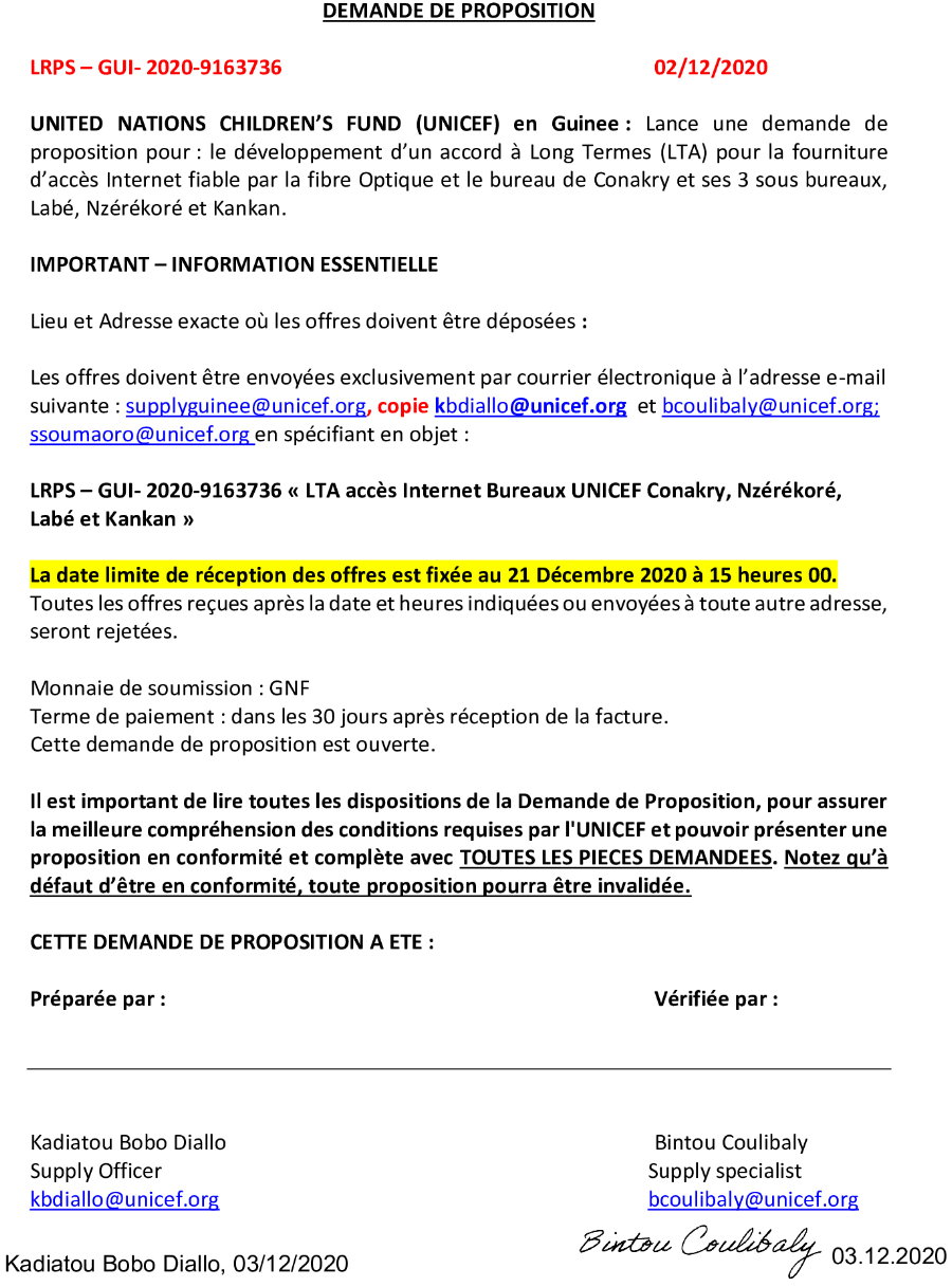 Appel d'offres d'UNICEF en Guinée-Accès à internet