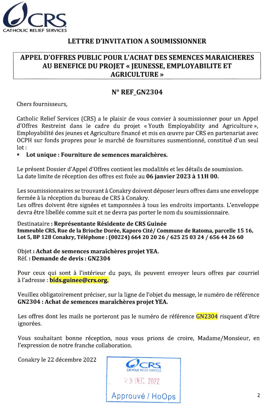 Avis d'appel d'offre public pour l’Achat de semences maraîchères dans le cadre du projet Employabilité des jeunes et agriculture YEA