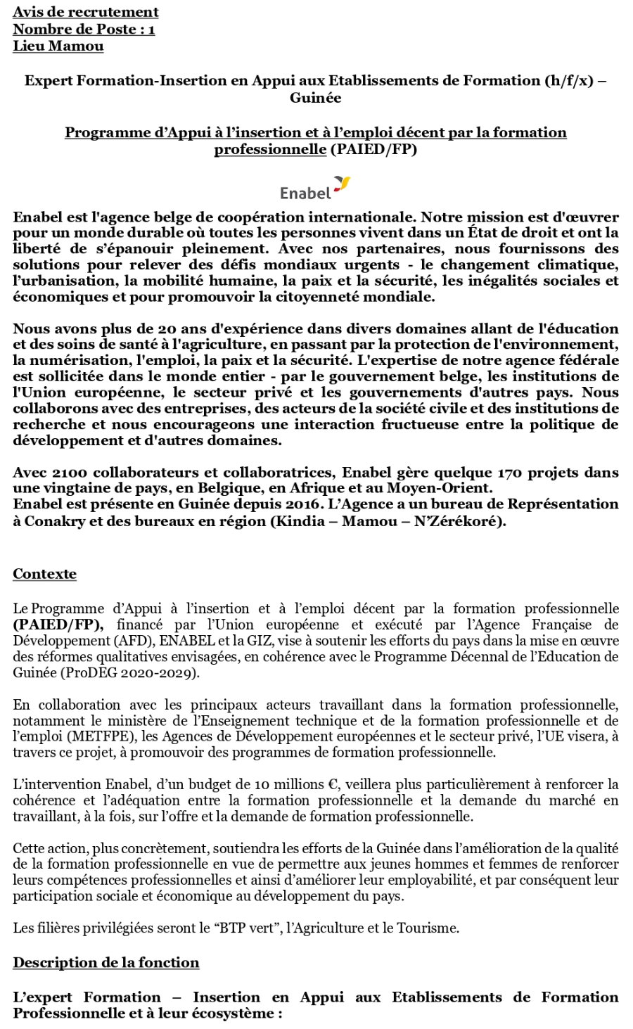 Avis de recrutement d'un Expert Formation-Insertion en Appui aux Etablissements de Formation (h/f/x) – Guinée | Page 1