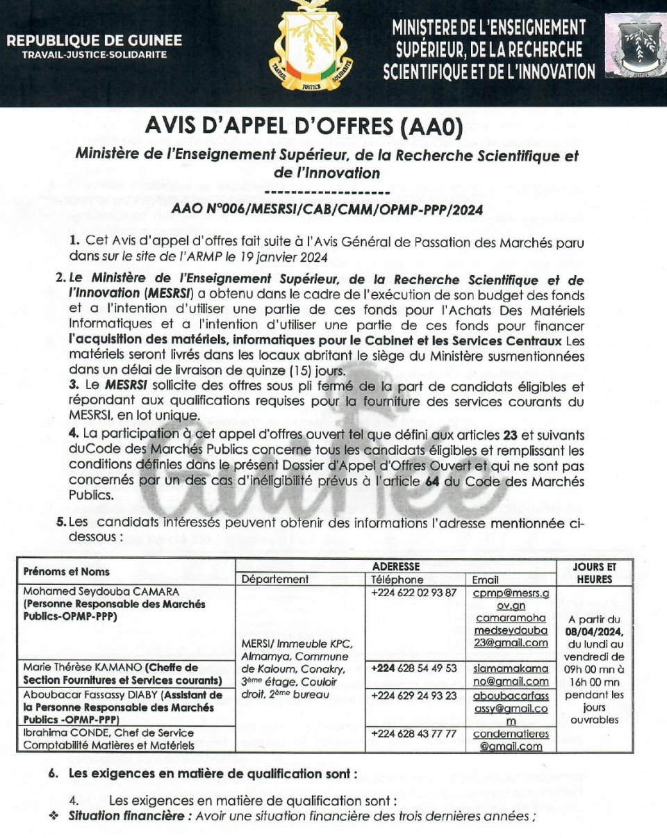 Avis d'appel d'offres pour l’acquisition des matériels, informatiques pour le Cabinet et les Services Centraux | Page 1