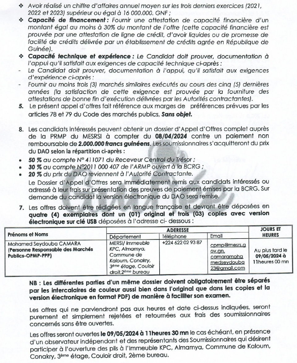 Avis d'appel d'offres pour l’acquisition des matériels, informatiques pour le Cabinet et les Services Centraux | Page 2