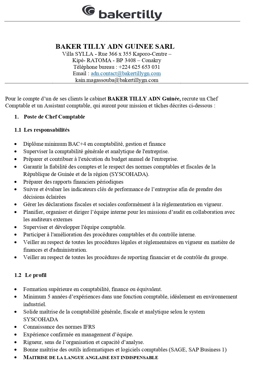 Le cabinet BAKER TILLY ADN Guinée Lance Un Avis De Recrutement D'un Chef Comptable | Page 1