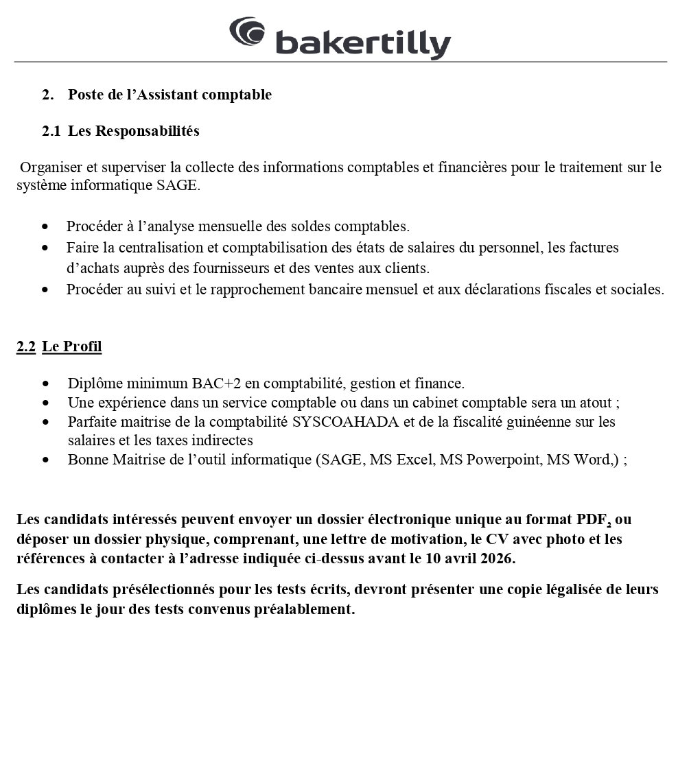 Le cabinet BAKER TILLY ADN Guinée Lance Un Avis De Recrutement D'un Chef Comptable | Page 2